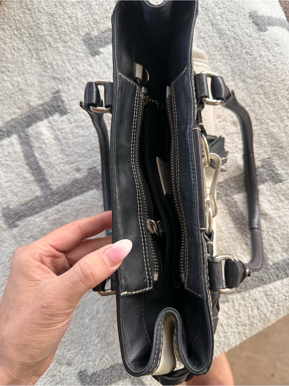 Coach White Leather Tote with Black Trim and Braided Accent - Picture 7 of 11